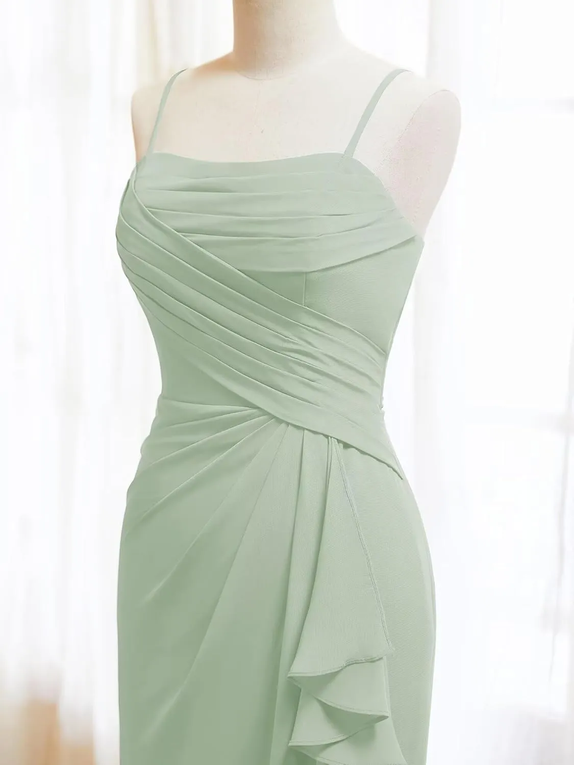 MYDRESS Pleated Chiffon Bridesmaid Dresses for Wedding Spaghetti Straps Bodycon Ruffled Evening Formal Gown