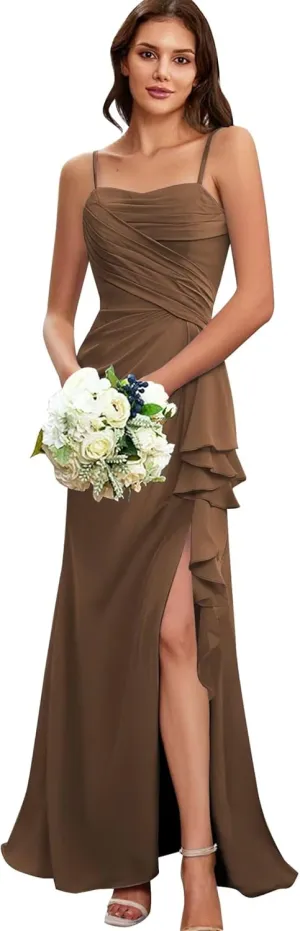 MYDRESS Pleated Chiffon Bridesmaid Dresses for Wedding Spaghetti Straps Bodycon Ruffled Evening Formal Gown