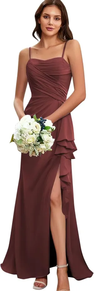MYDRESS Pleated Chiffon Bridesmaid Dresses for Wedding Spaghetti Straps Bodycon Ruffled Evening Formal Gown