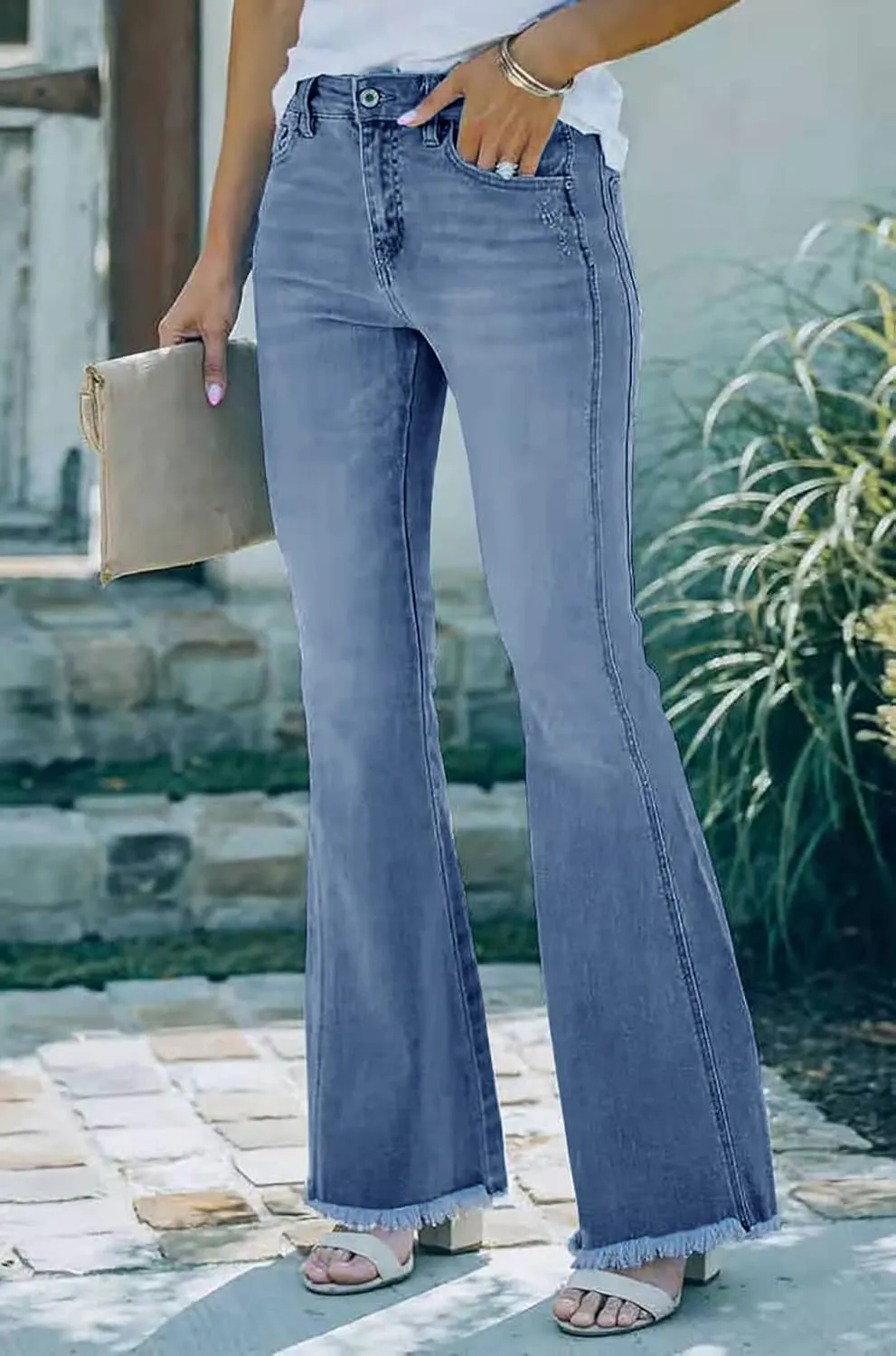 Necooer Womens Bell Bottom Jeans Classic Stretch Raw Hem Flare Denim Jeans Pants