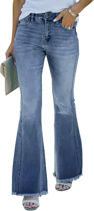 Necooer Womens Bell Bottom Jeans Classic Stretch Raw Hem Flare Denim Jeans Pants
