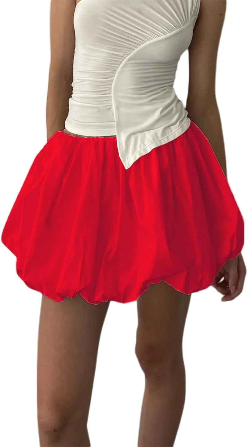 Nituyy Women Y2K Mini Bubble Skirts Ruffle Hem High Waisted Pleated Short Skirts Puffy Balloon A-line Skirt Summer Dresses