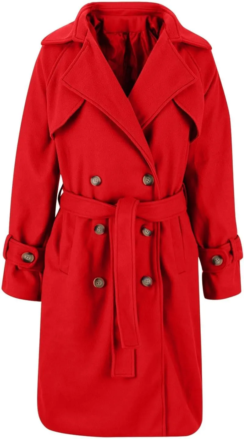 Notch Lapel Trench Coat for Women Wool Blend Winter Jackets Warm Double Breasted Midi Long Wool Pea Coat with Belts