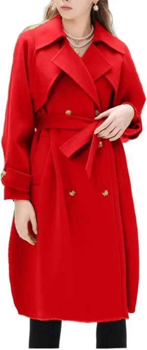Notch Lapel Trench Coat for Women Wool Blend Winter Jackets Warm Double Breasted Midi Long Wool Pea Coat with Belts