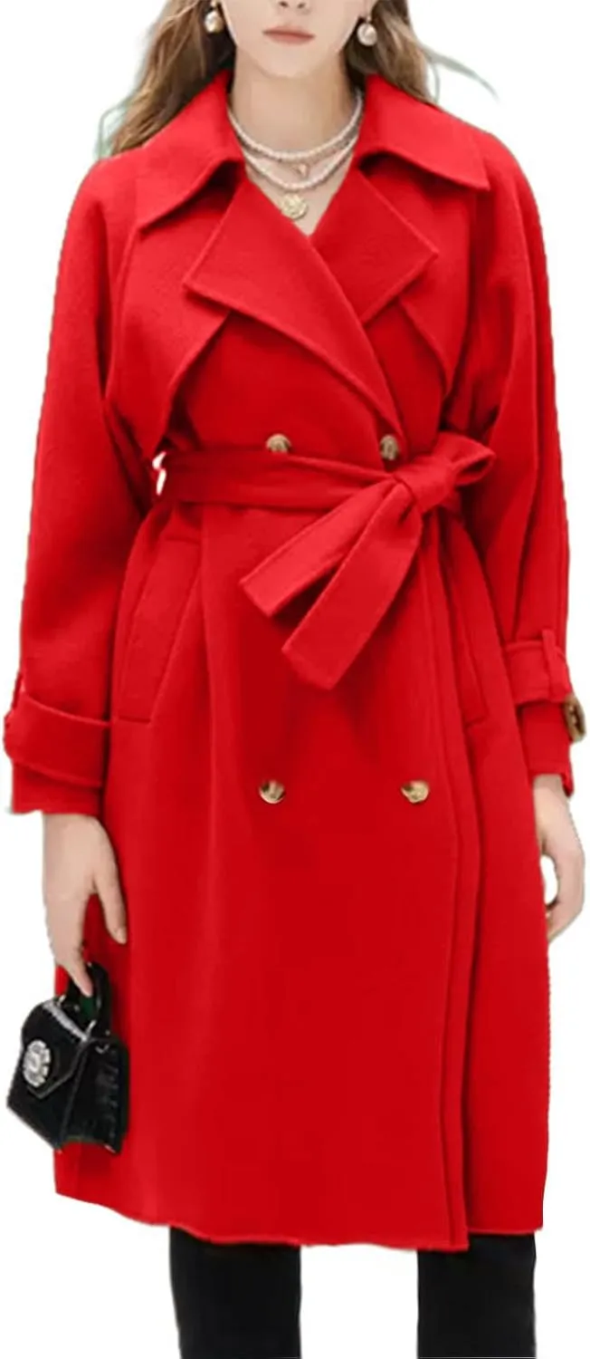 Notch Lapel Trench Coat for Women Wool Blend Winter Jackets Warm Double Breasted Midi Long Wool Pea Coat with Belts