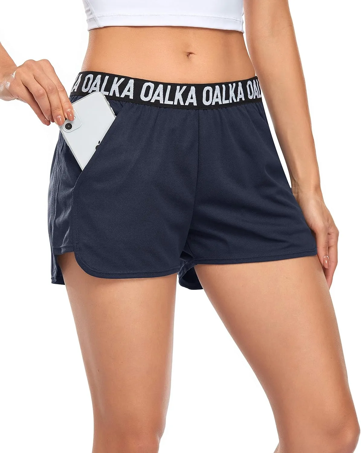 Oalka Women's Running Shorts Out Side Pockets Sports Athletic Workout Fittness Lightweight Gym Shorts