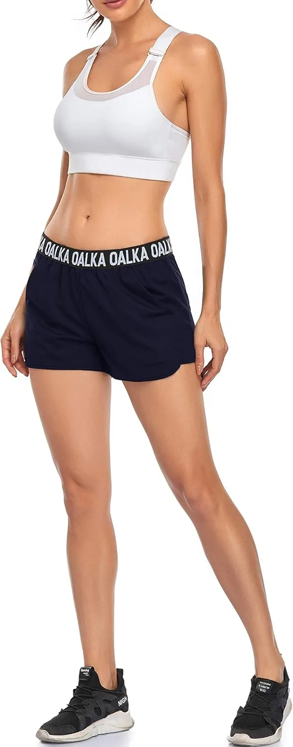Oalka Women's Running Shorts Out Side Pockets Sports Athletic Workout Fittness Lightweight Gym Shorts