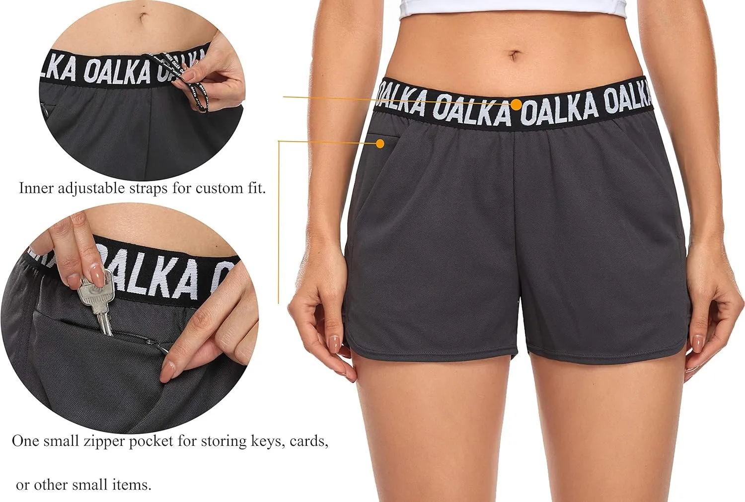 Oalka Women's Running Shorts Out Side Pockets Sports Athletic Workout Fittness Lightweight Gym Shorts