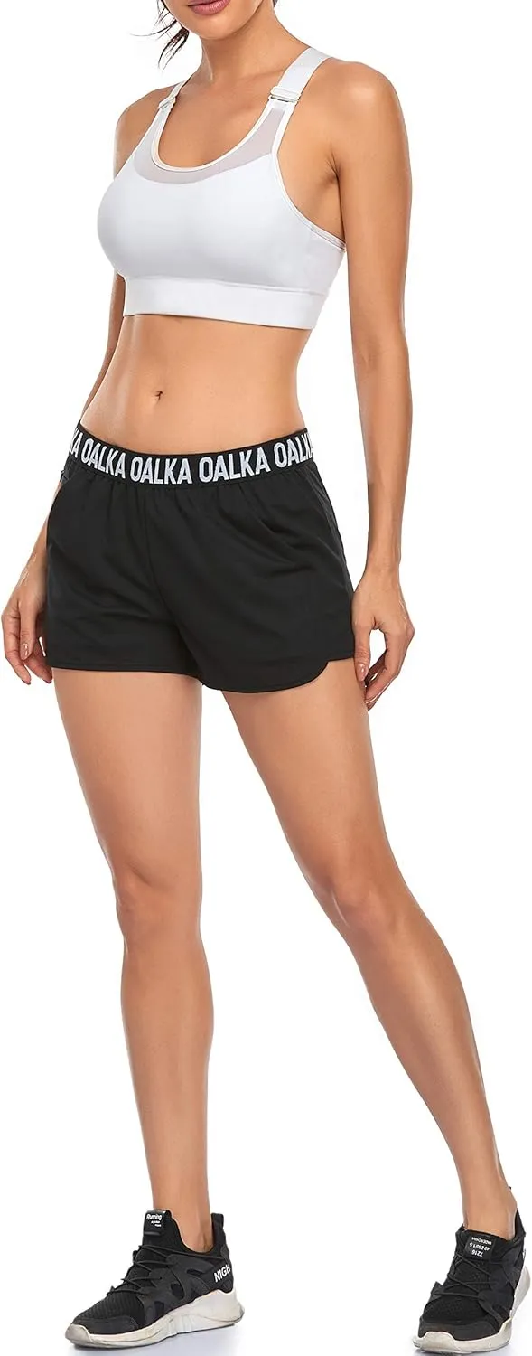 Oalka Women's Running Shorts Out Side Pockets Sports Athletic Workout Fittness Lightweight Gym Shorts