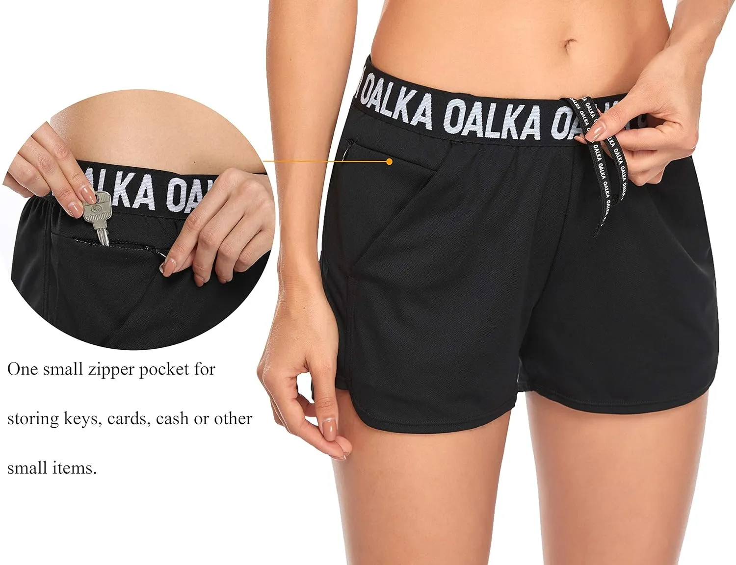 Oalka Women's Running Shorts Out Side Pockets Sports Athletic Workout Fittness Lightweight Gym Shorts