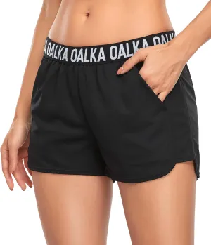 Oalka Women's Running Shorts Out Side Pockets Sports Athletic Workout Fittness Lightweight Gym Shorts