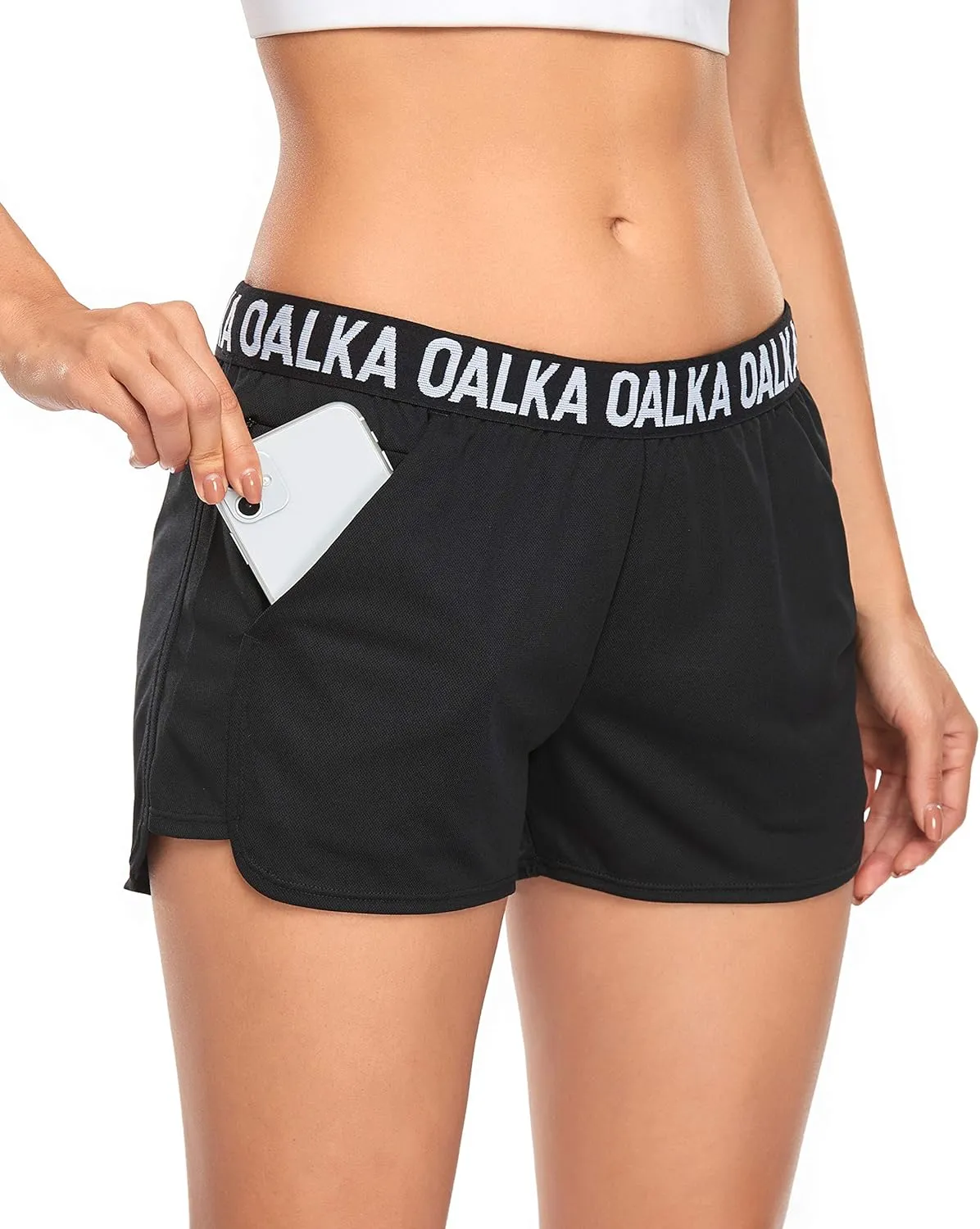Oalka Women's Running Shorts Out Side Pockets Sports Athletic Workout Fittness Lightweight Gym Shorts