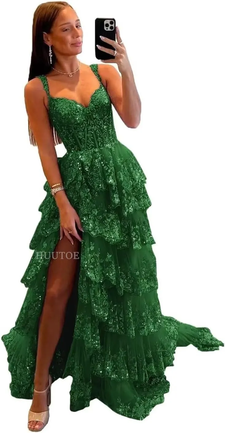 Off Shoulder Tiered Lace Prom Dresses 2025 Long Tulle Wedding Dress Ball Gowns for Women Corset Evening Gown with Slit