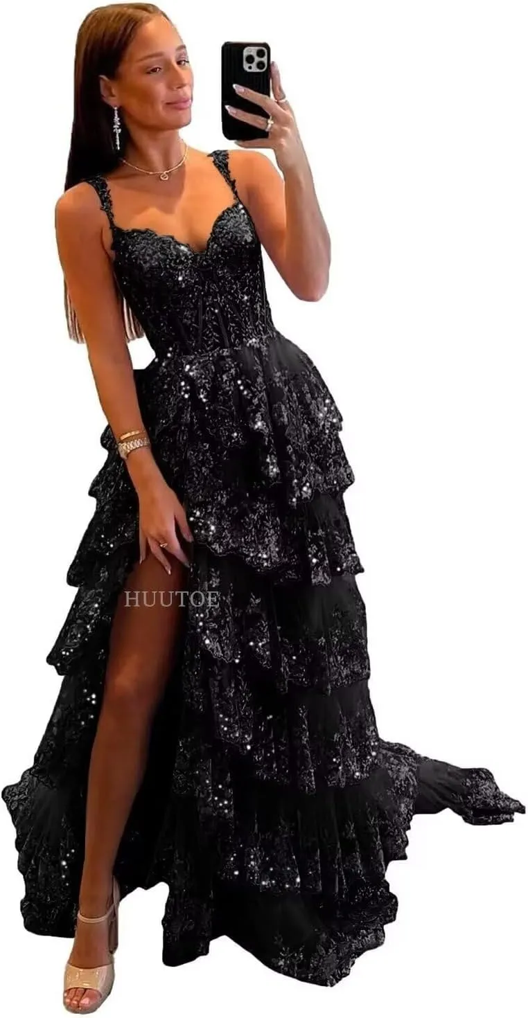 Off Shoulder Tiered Lace Prom Dresses 2025 Long Tulle Wedding Dress Ball Gowns for Women Corset Evening Gown with Slit