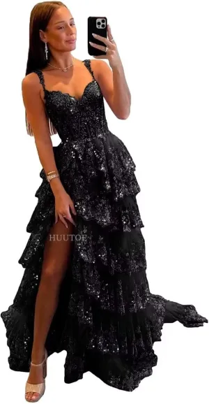 Off Shoulder Tiered Lace Prom Dresses 2025 Long Tulle Wedding Dress Ball Gowns for Women Corset Evening Gown with Slit