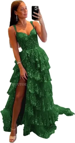 Off Shoulder Tiered Lace Prom Dresses 2025 Long Tulle Wedding Dress Ball Gowns for Women Corset Evening Gown with Slit