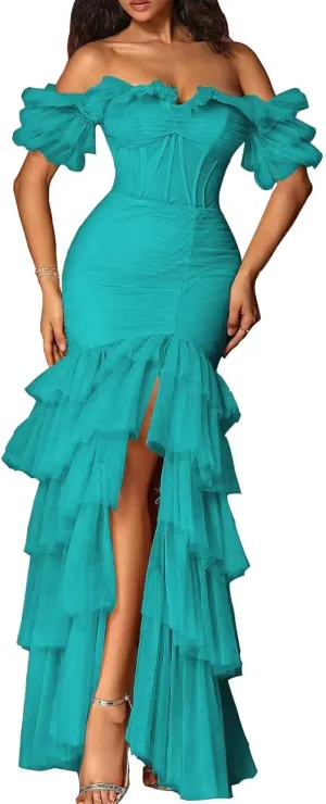 Off Shoulder Tiered Tulle Prom Dresses Long Mermaid Ruffle Slit Formal Evening Party Gowns