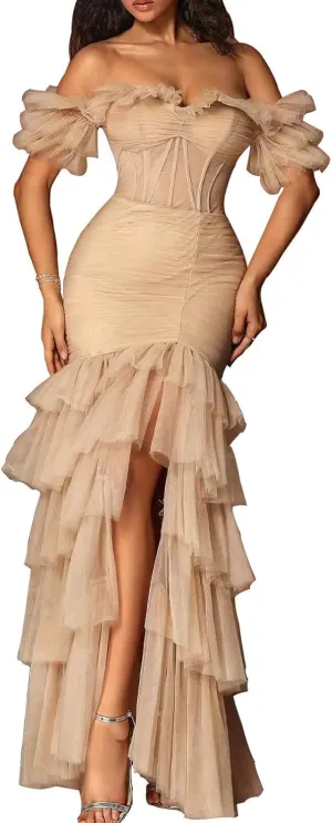 Off Shoulder Tiered Tulle Prom Dresses Long Mermaid Ruffle Slit Formal Evening Party Gowns