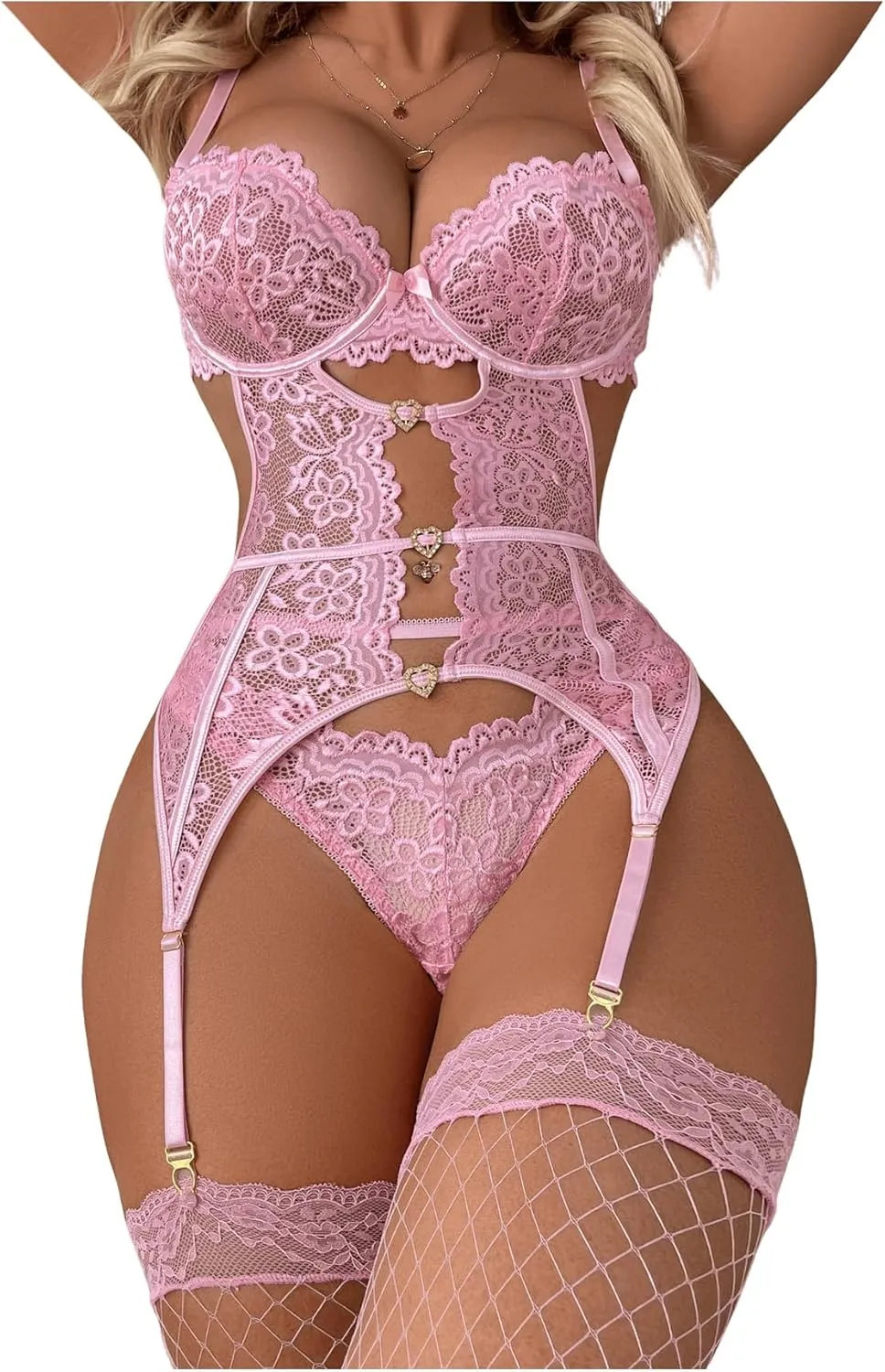 OYOANGLE Women's Floral Lace Mesh Lingerie Set Teddy Babydoll Bodysuit with Garter Belts Panty