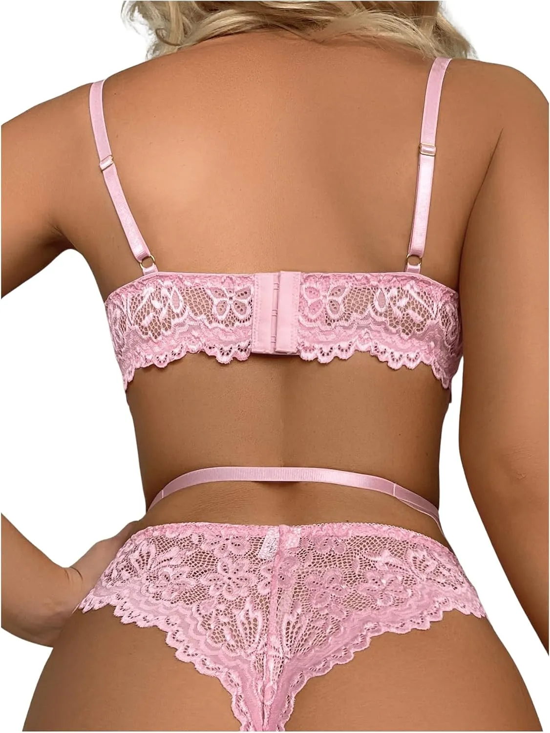 OYOANGLE Women's Floral Lace Mesh Lingerie Set Teddy Babydoll Bodysuit with Garter Belts Panty
