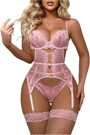 OYOANGLE Women's Floral Lace Mesh Lingerie Set Teddy Babydoll Bodysuit with Garter Belts Panty