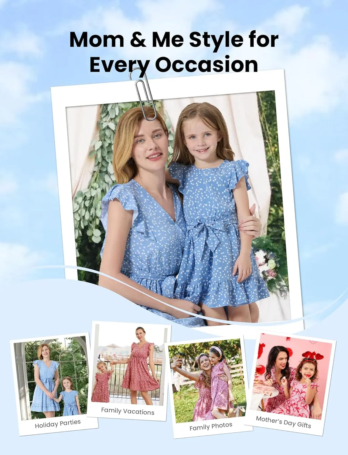 PATPAT Matching Mommy and Me Dresses Outfits Ruffle Flutter Sleeve Polka Dot Pattern Vacation Dresses
