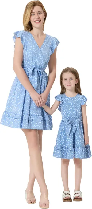 PATPAT Matching Mommy and Me Dresses Outfits Ruffle Flutter Sleeve Polka Dot Pattern Vacation Dresses