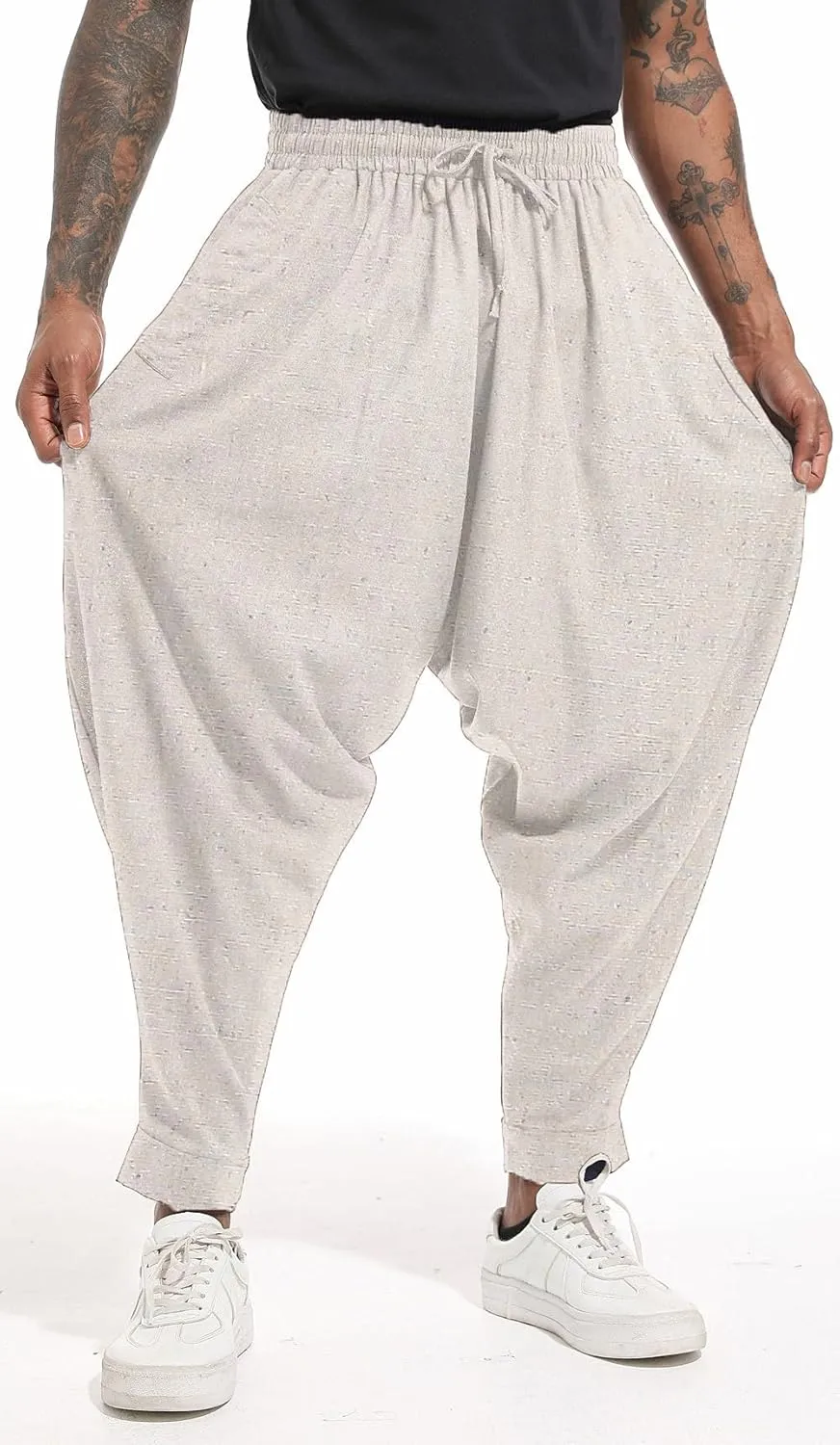 perdontoo Mens Harem Pants Loose Fit Elastic Waist Drawstring Aladdin Hippie Trousers