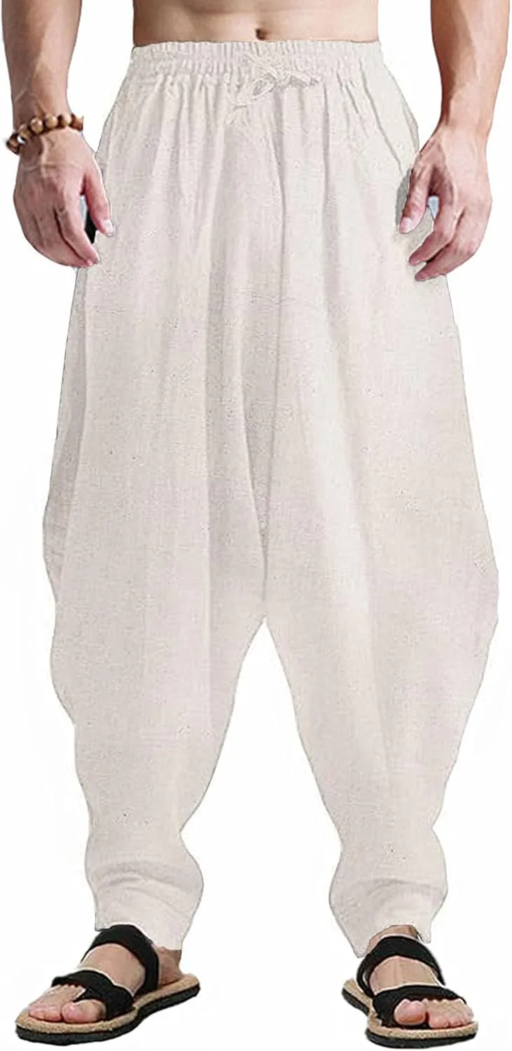 perdontoo Mens Harem Pants Loose Fit Elastic Waist Drawstring Aladdin Hippie Trousers