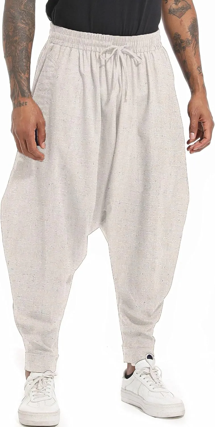 perdontoo Mens Harem Pants Loose Fit Elastic Waist Drawstring Aladdin Hippie Trousers