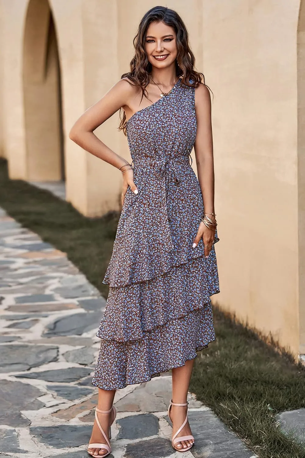 PRETTYGARDEN Women's Summer Floral Sundress Casual One Shoulder Tiered Ruffle Flowy Midi Beach Boho Dresses