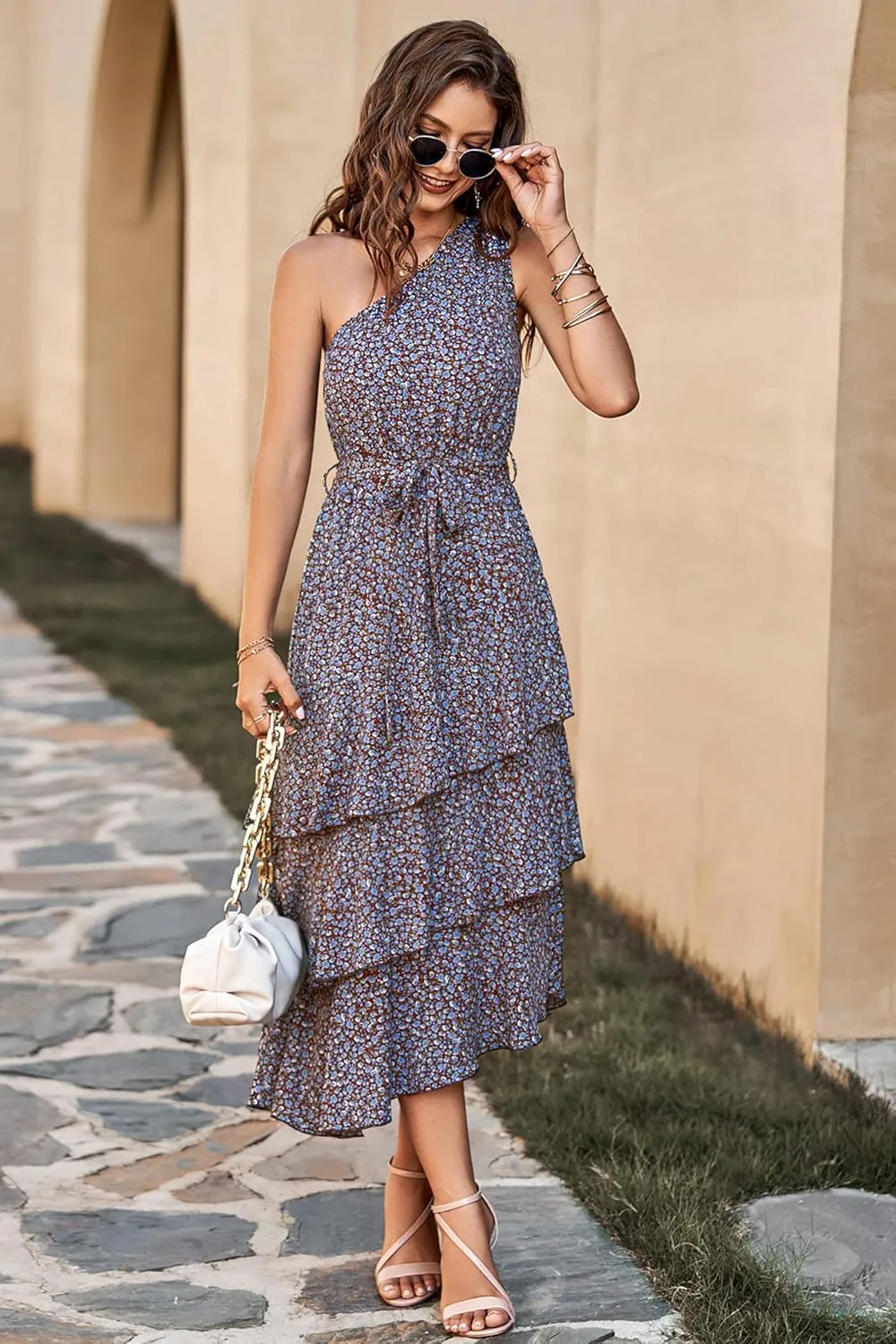 PRETTYGARDEN Women's Summer Floral Sundress Casual One Shoulder Tiered Ruffle Flowy Midi Beach Boho Dresses
