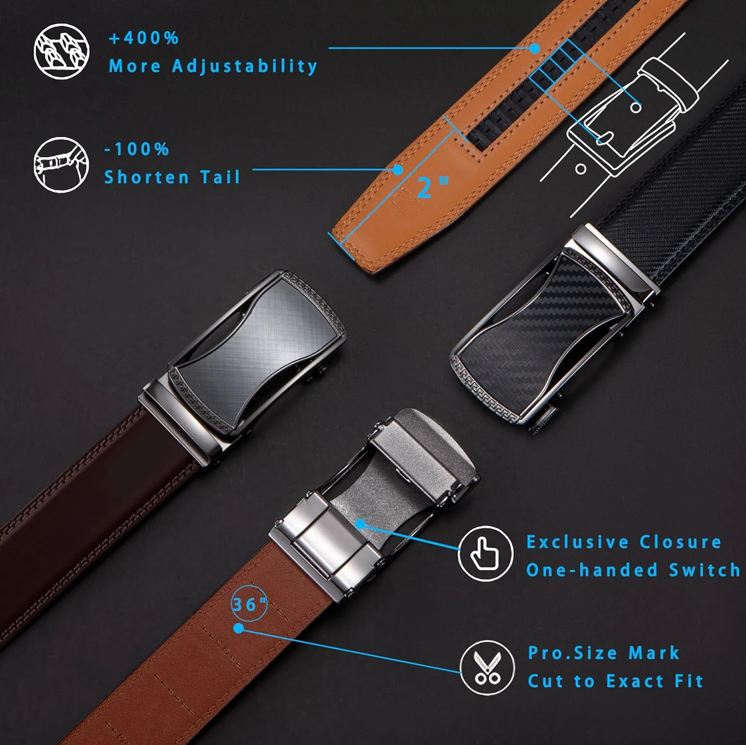 Ratchet Belts for Men 2 Pack - Mens Belt Leather with 35mm in Gift Set Box