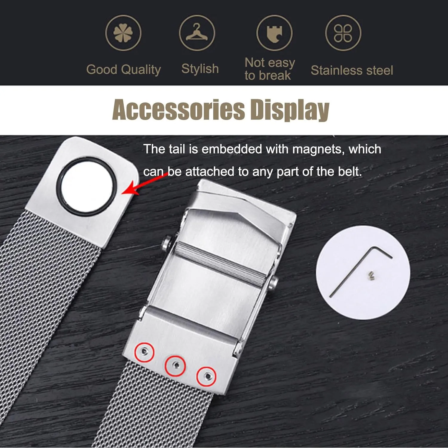 Ratchet Belts for Men Stainless Steel,No Leather Metal Braided Magnetic Belt with Roller Buckle