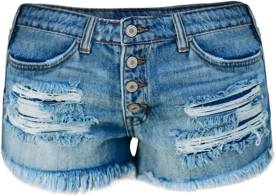 Ripped Distressed Denim Shorts for Women Mid Rise Stretchy Jean Shorts Summer Casual Frayed Raw Rolled Hem Hot Shorts