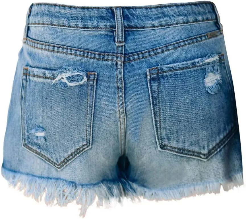 Ripped Distressed Denim Shorts for Women Mid Rise Stretchy Jean Shorts Summer Casual Frayed Raw Rolled Hem Hot Shorts