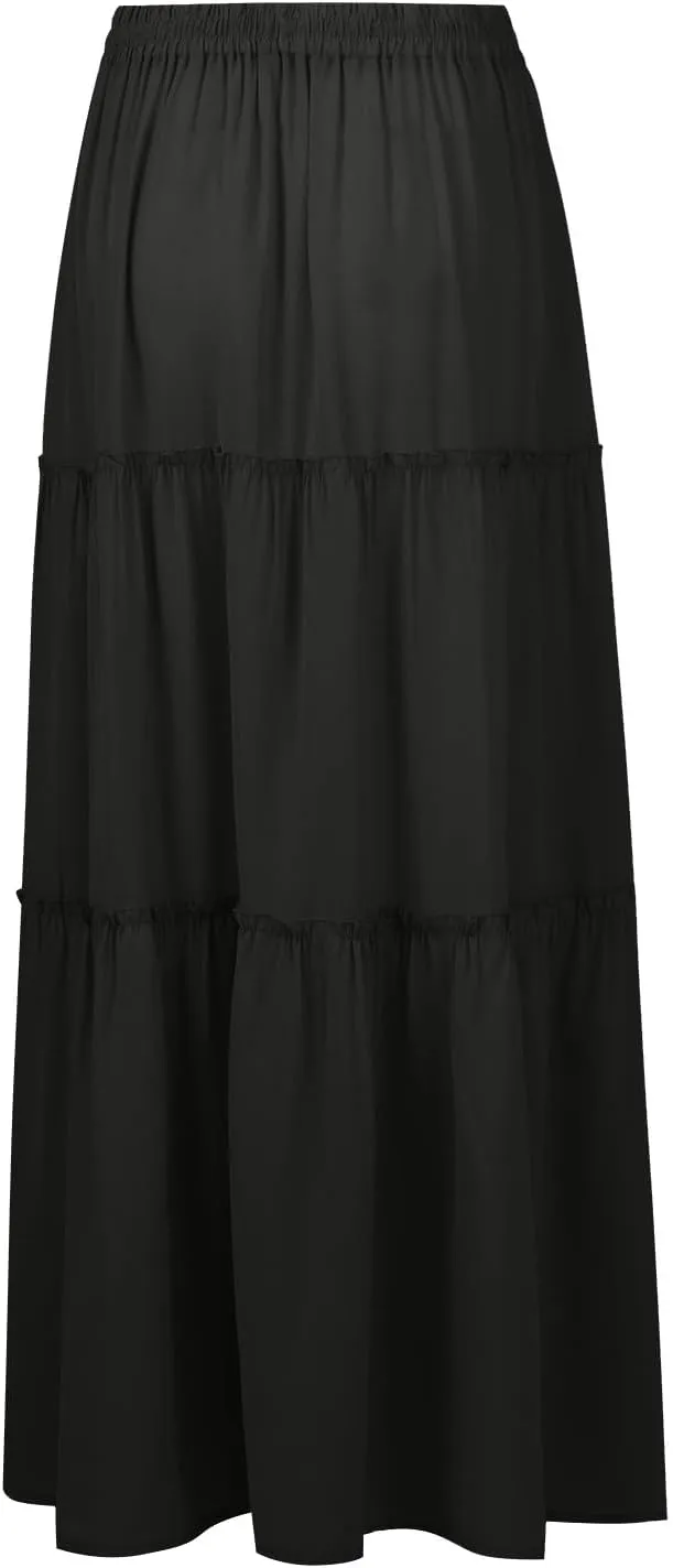 Ruffle Maxi Skirt for Women Summer Drawstring Elastic Aline Skirt Elegant Tiered Pleated Skirts Long with Pockets