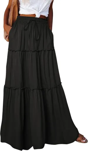 Ruffle Maxi Skirt for Women Summer Drawstring Elastic Aline Skirt Elegant Tiered Pleated Skirts Long with Pockets