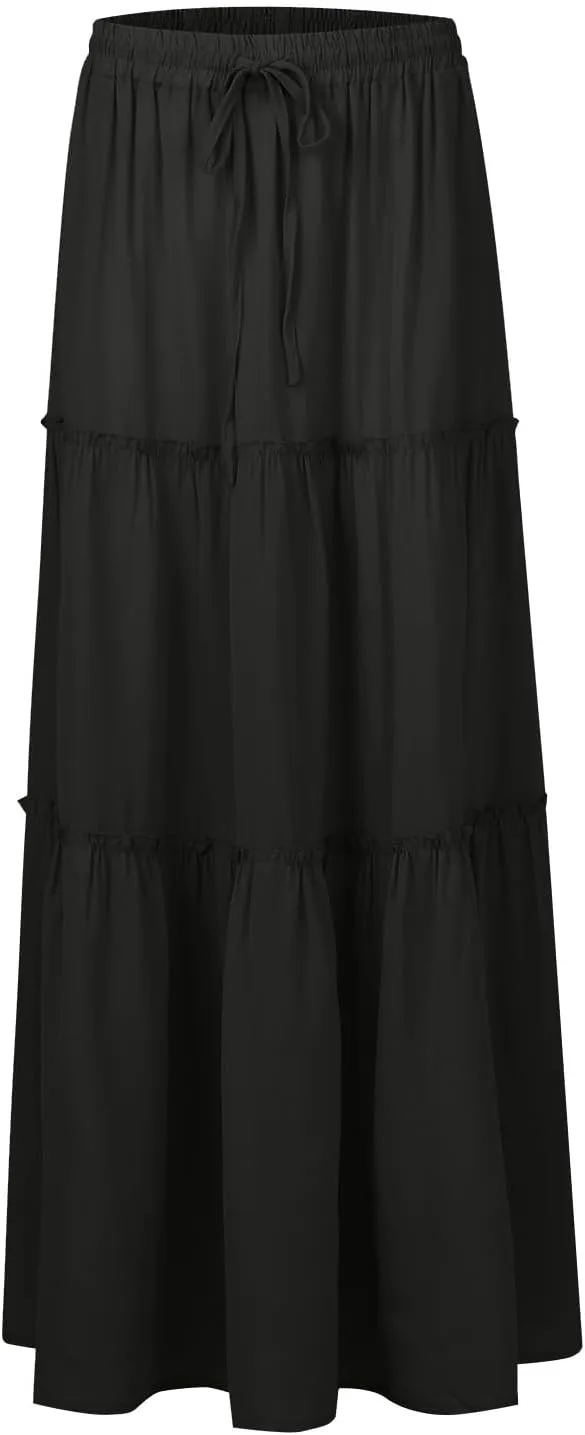 Ruffle Maxi Skirt for Women Summer Drawstring Elastic Aline Skirt Elegant Tiered Pleated Skirts Long with Pockets