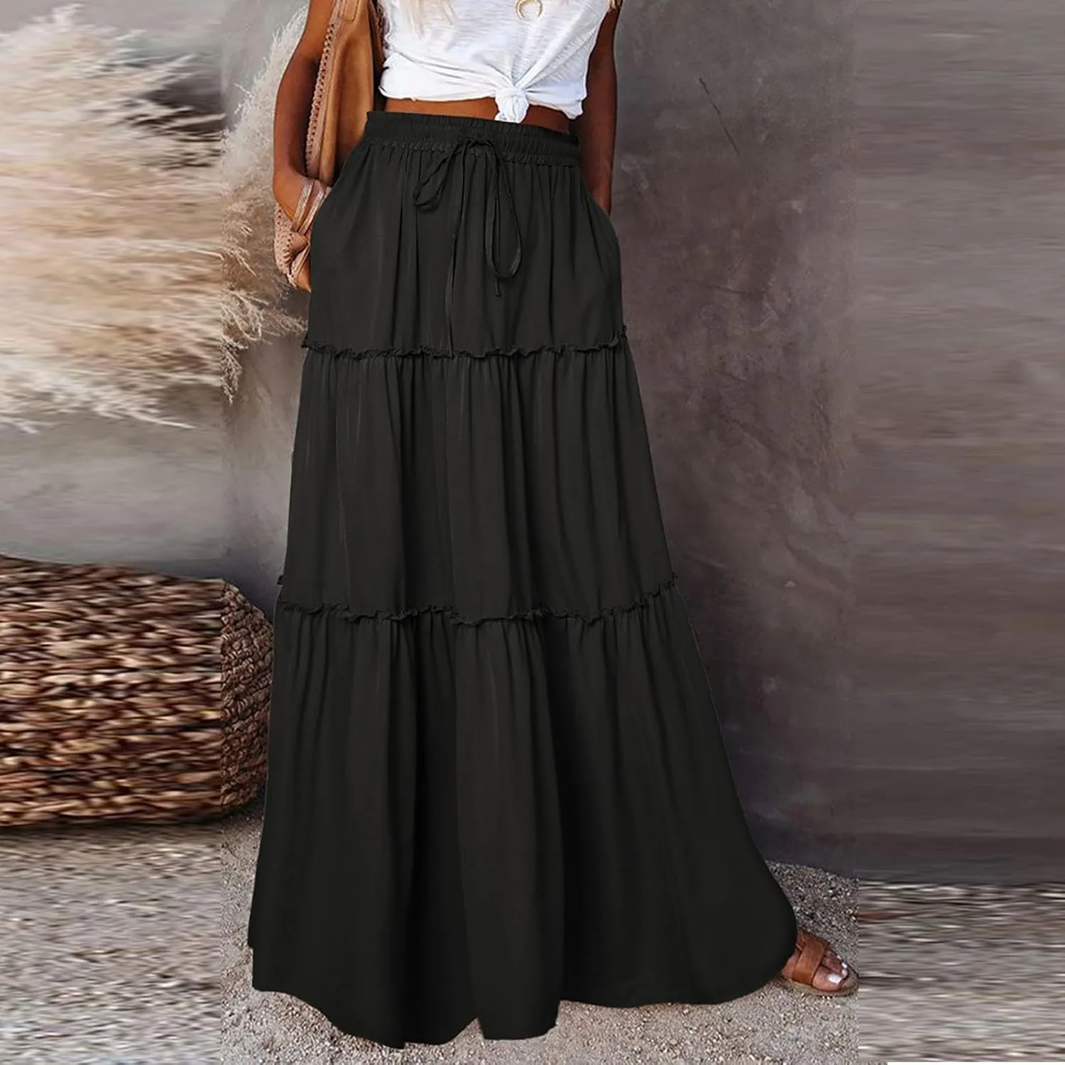 Ruffle Maxi Skirt for Women Summer Drawstring Elastic Aline Skirt Elegant Tiered Pleated Skirts Long with Pockets