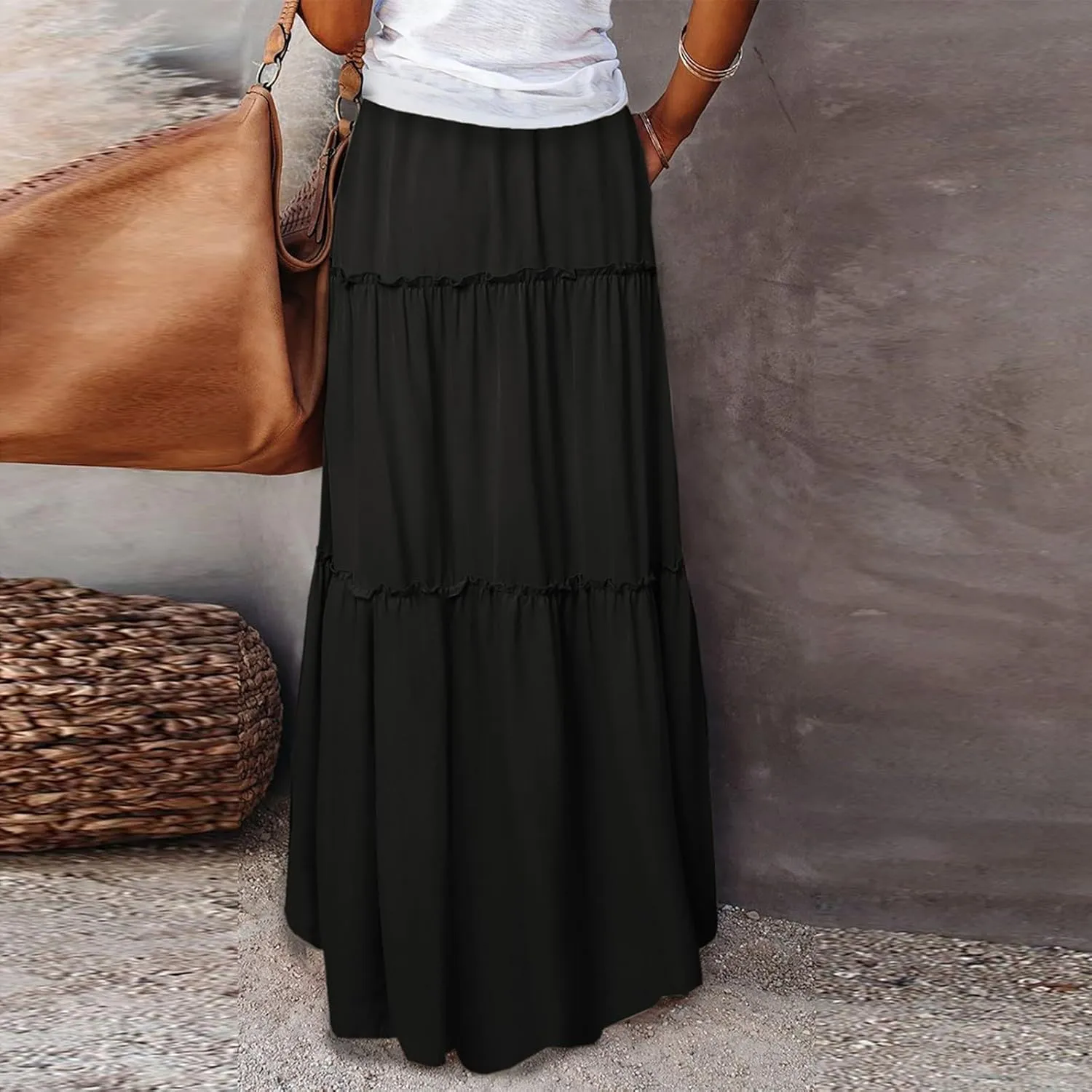 Ruffle Maxi Skirt for Women Summer Drawstring Elastic Aline Skirt Elegant Tiered Pleated Skirts Long with Pockets