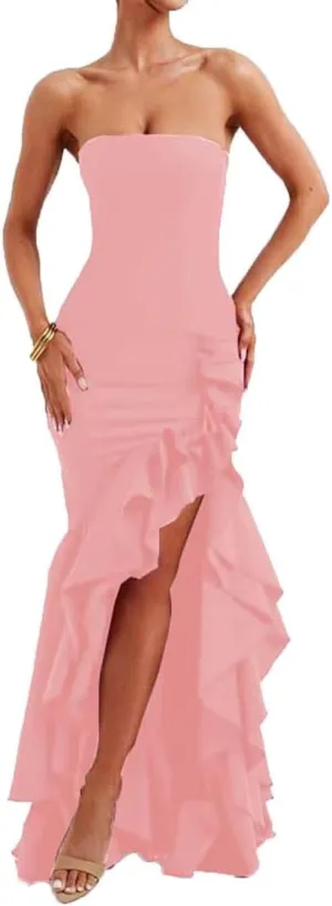 Ruffled Prom Dress for Women Corset Mermaid Formal Party Gowns with Slit