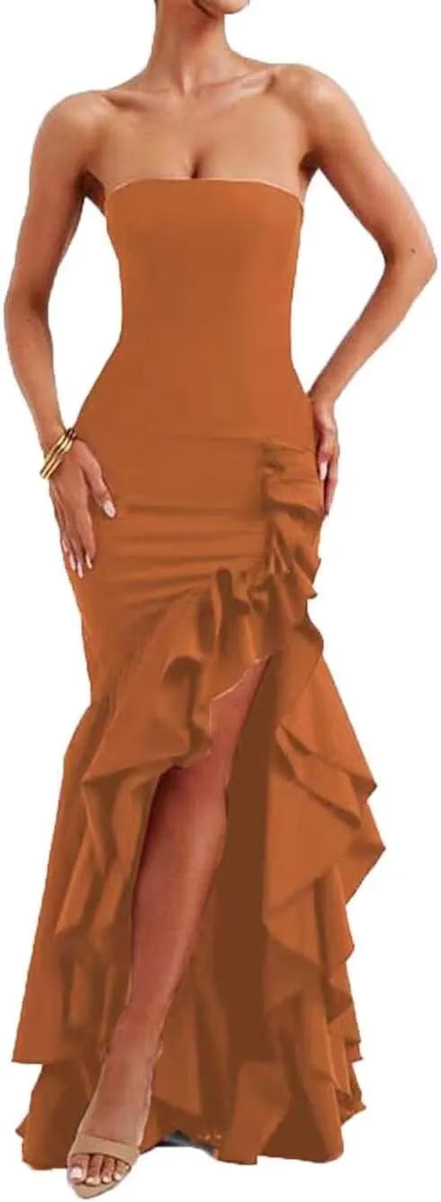 Ruffled Prom Dress for Women Corset Mermaid Formal Party Gowns with Slit