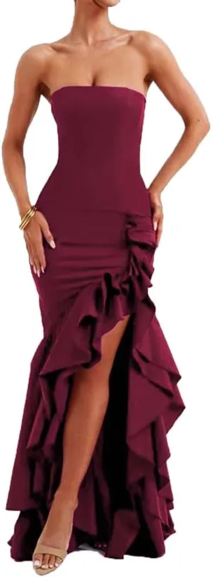 Ruffled Prom Dress for Women Corset Mermaid Formal Party Gowns with Slit