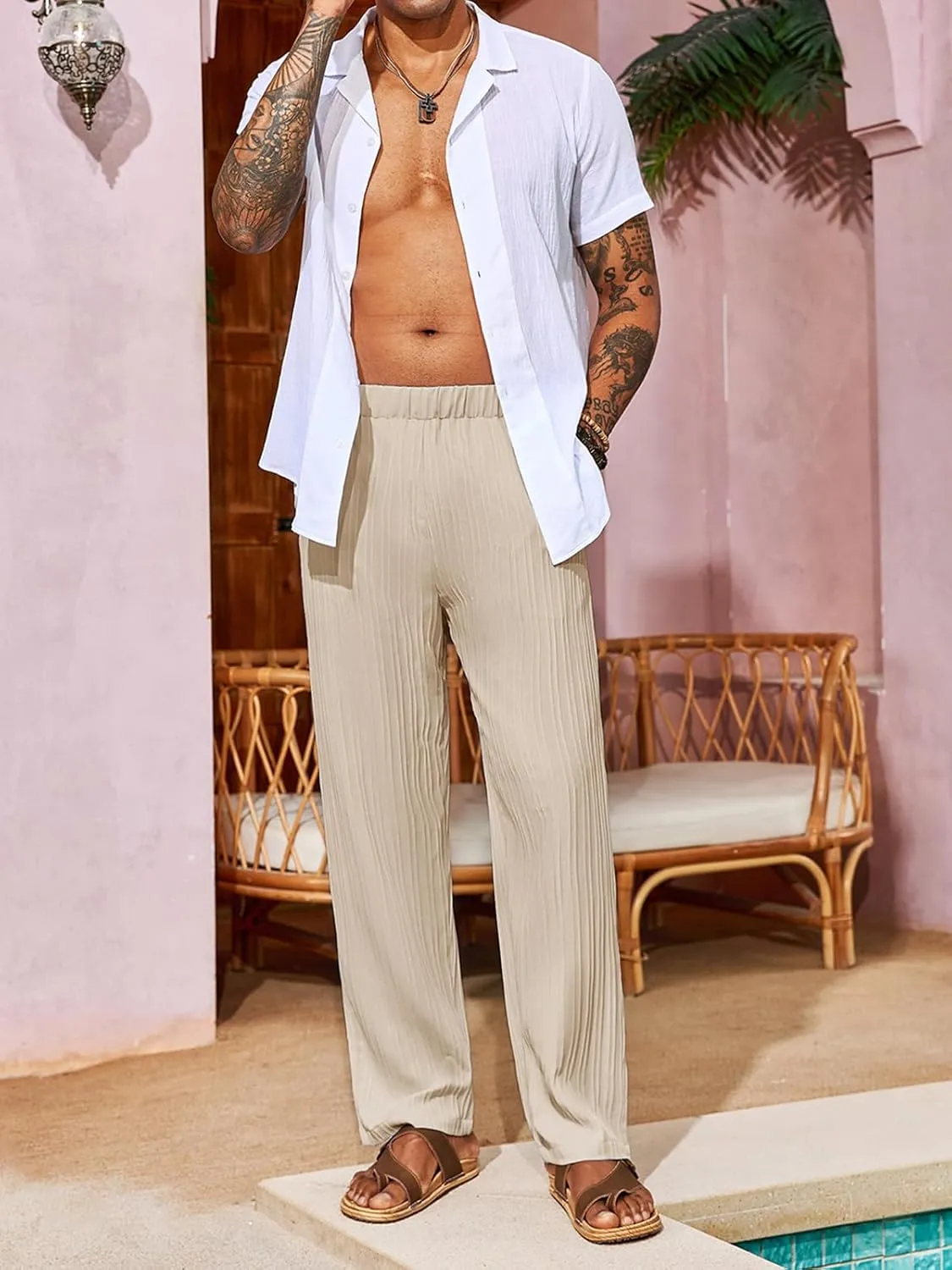Runcati Mens Casual Pants Elastic Waist Lightweight Loose Fit Summer Yoga Beach Pants