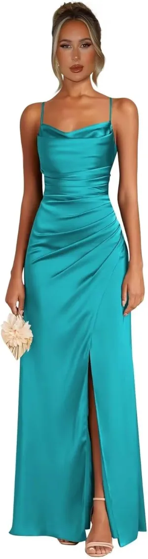 Satin Bridesmaid Dresses for Women Mermaid Prom Dress Spaghetti Strap Formal Evening Dress with Slit AP34