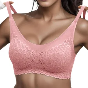 Seamless Wireless Bra No Wire Scallop Lace Bralette for Women Lightweight Low Cut Sleep Bra with Soft Support