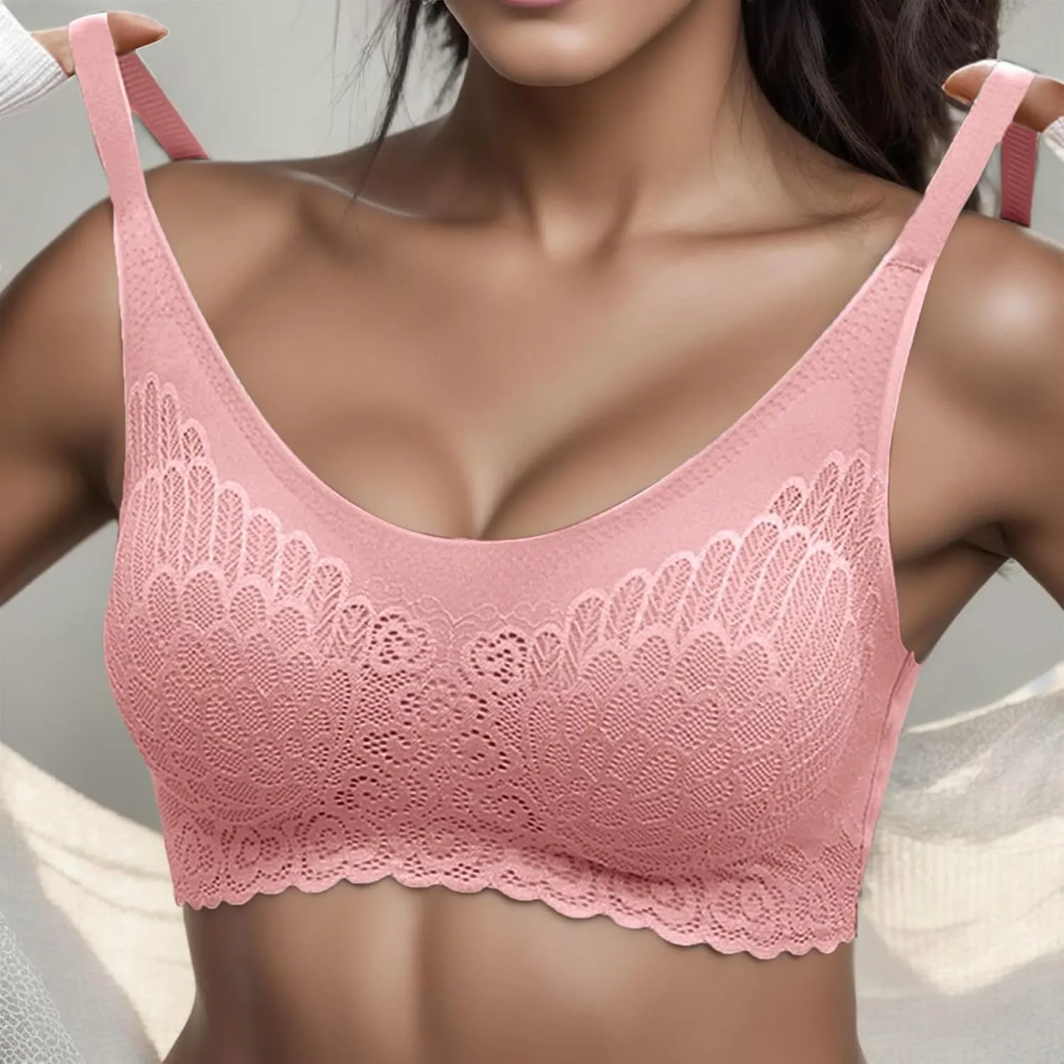 Seamless Wireless Bra No Wire Scallop Lace Bralette for Women Lightweight Low Cut Sleep Bra with Soft Support