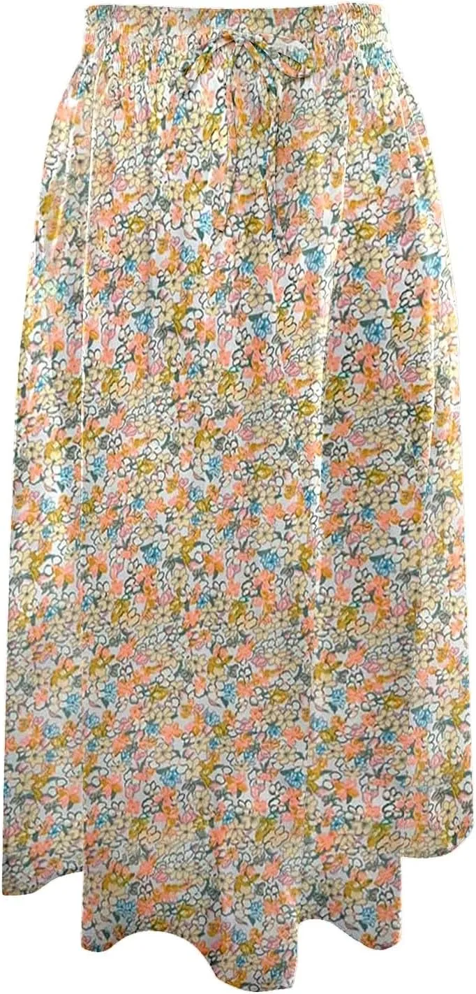 Skirts for Women Midi Length Floral Print High Waist Drawstring Flowy Summer Skirt 2025 A-Line Long Skirt with Pockets
