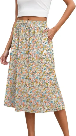 Skirts for Women Midi Length Floral Print High Waist Drawstring Flowy Summer Skirt 2025 A-Line Long Skirt with Pockets